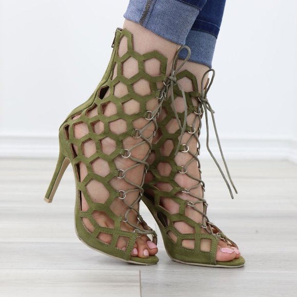 Lace-Up Strappy Olive Gladiator Suede Open Toe Needle High Heel Stiletto Sandals - Picture 8 of 11